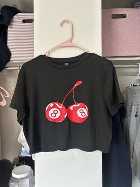 SHEIN Black Crop Tee with Red Cherry 8 ball Print
